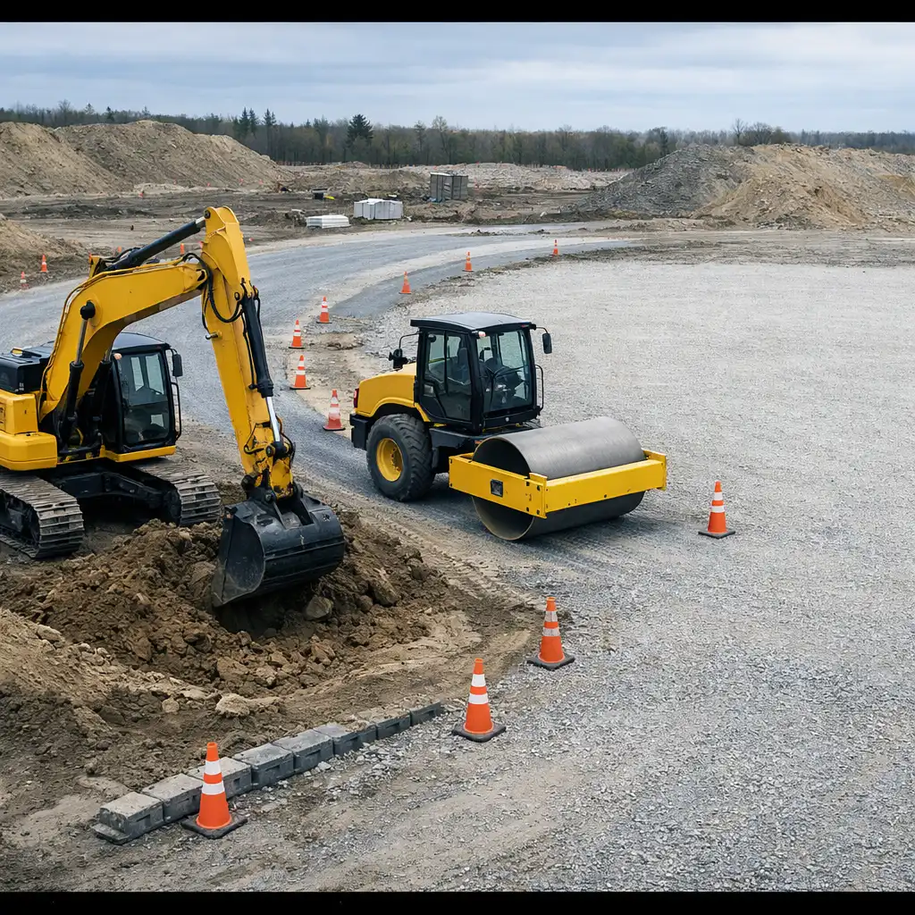 Unbranded excavator and road roller working on a graded construction site with gravel lanes