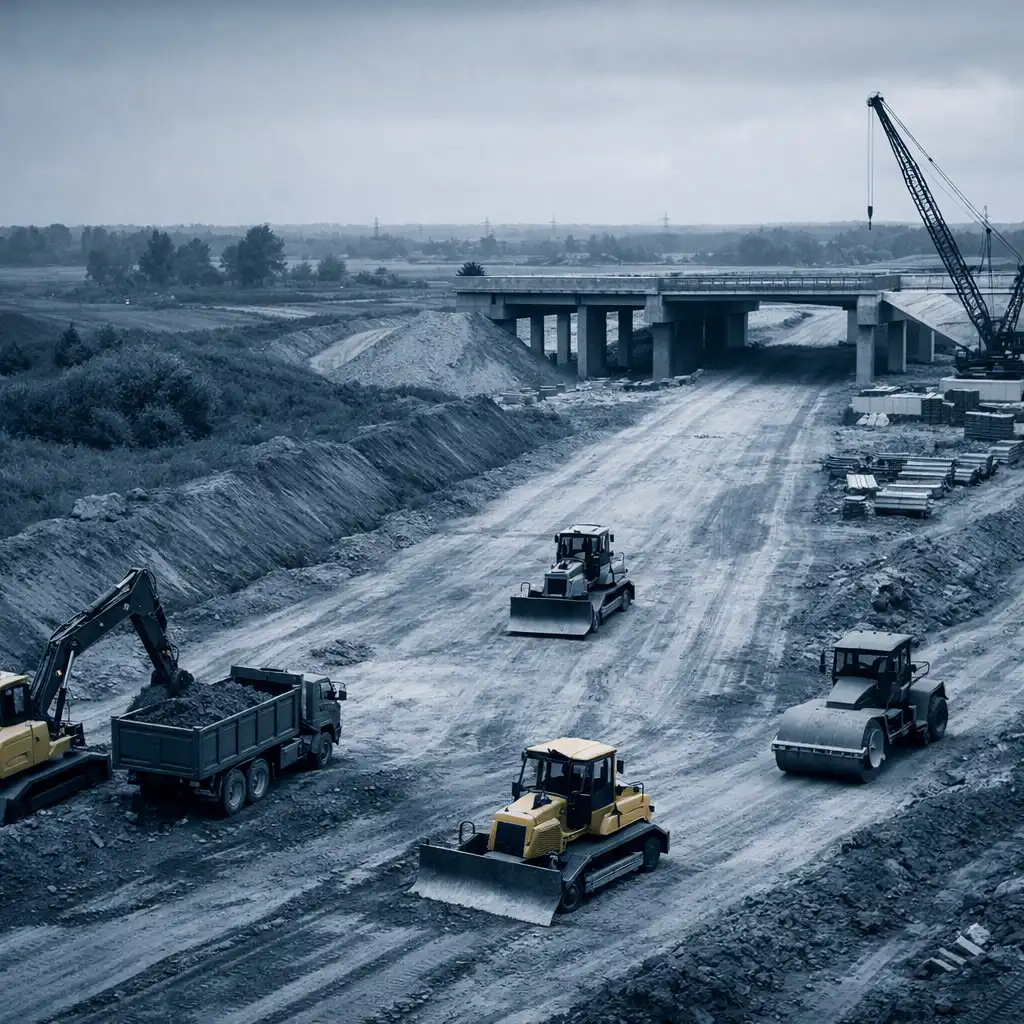Editorial construction-site scene showing a work corridor with generic heavy machinery categories and a bridge approach.