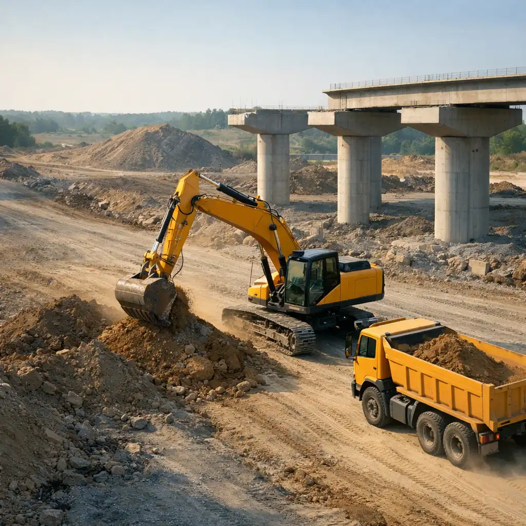 Illustrative construction project scene with generic yellow machinery working beside a prepared road corridor and bridge supports.