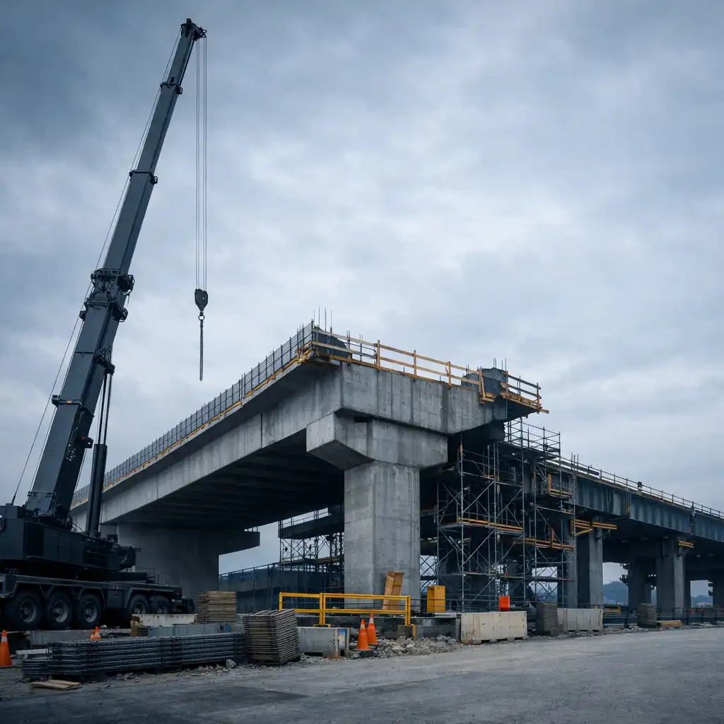 Editorial in-game-context view of a construction crane beside an unfinished bridge approach