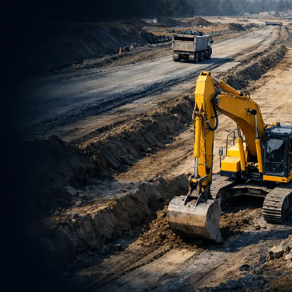 Editorial construction-game scene showing an excavator beside a prepared road corridor with a dump truck in the distance.