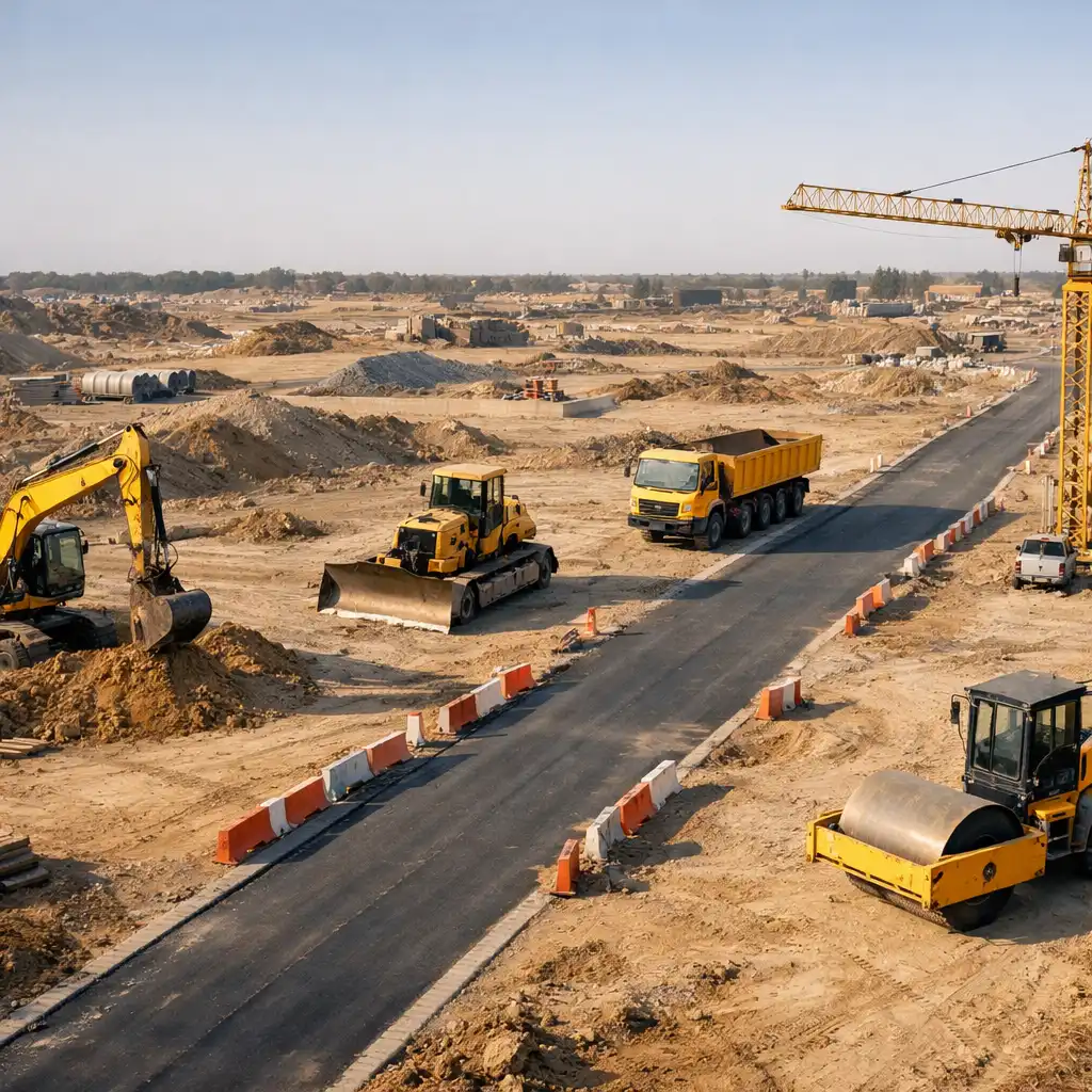 Editorial staging area showing separate excavator, bulldozer, dump truck, crane and road roller categories in a fictional construction scene.