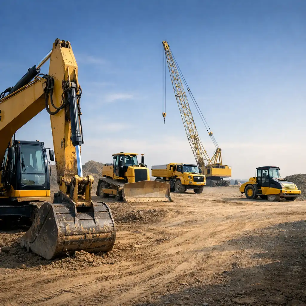 Game-rendered construction yard with an excavator in front and other heavy equipment across graded terrain