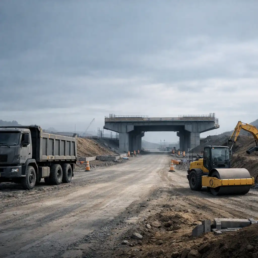 Editorial unfinished road and distant bridge work zone with construction vehicles arranged along a broad route.