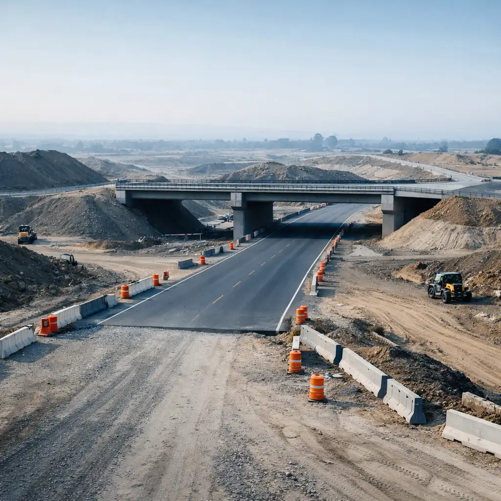 Game-rendered unfinished road crossing a neutral construction work zone toward a simple bridge structure