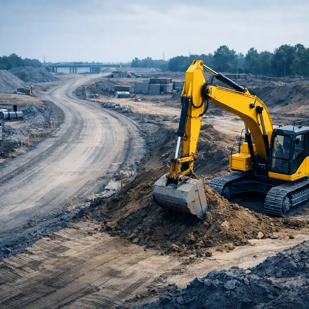 Yellow excavator beside an unfinished road corridor in a game-rendered construction scene