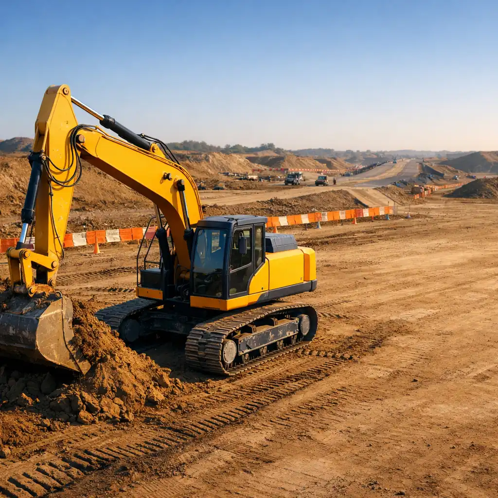 Editorial in-game-context view of a tracked excavator at a prepared earthwork site