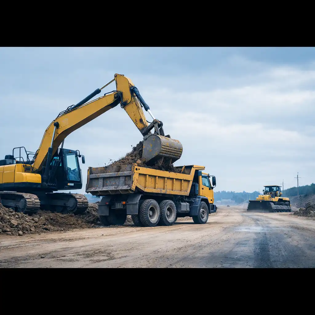 Representative construction-game scene showing heavy machinery at an unfinished road worksite