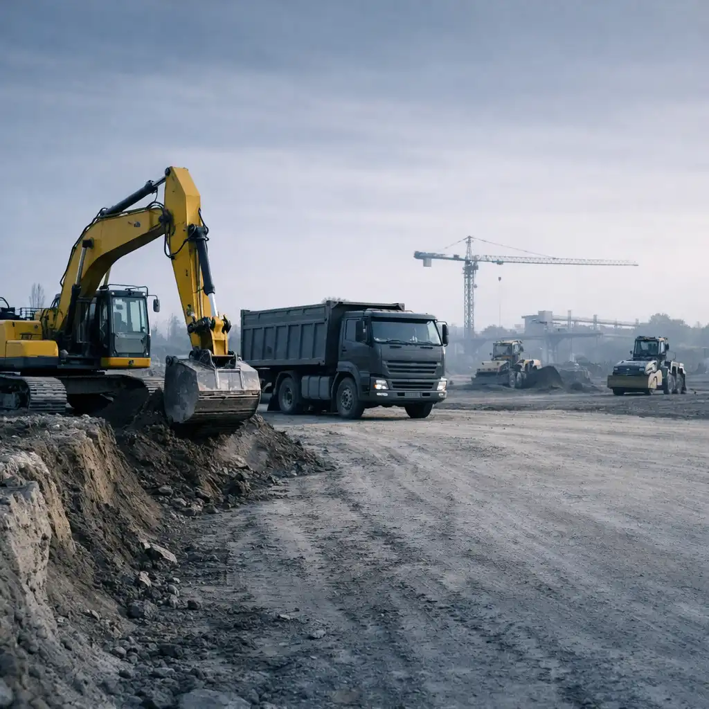 Editorial illustrative worksite scene with generic excavator and dump truck in the foreground and other construction equipment in the distance.