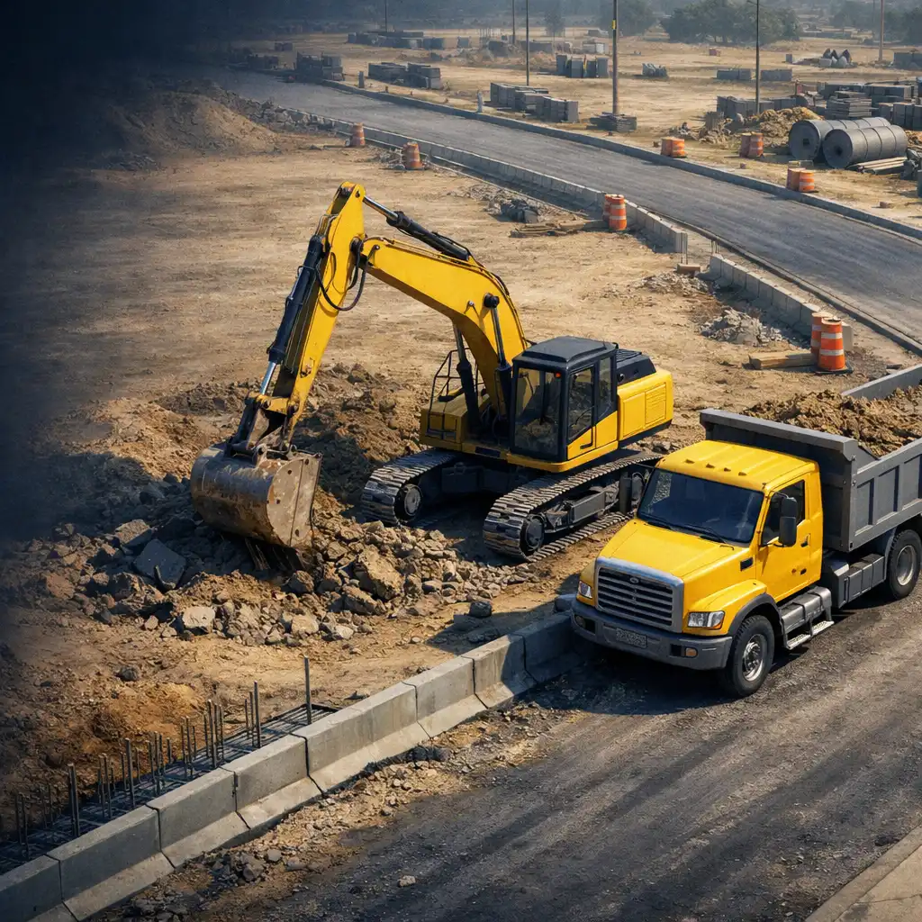A yellow excavator and dump truck beside an unfinished road in a generic work zone.