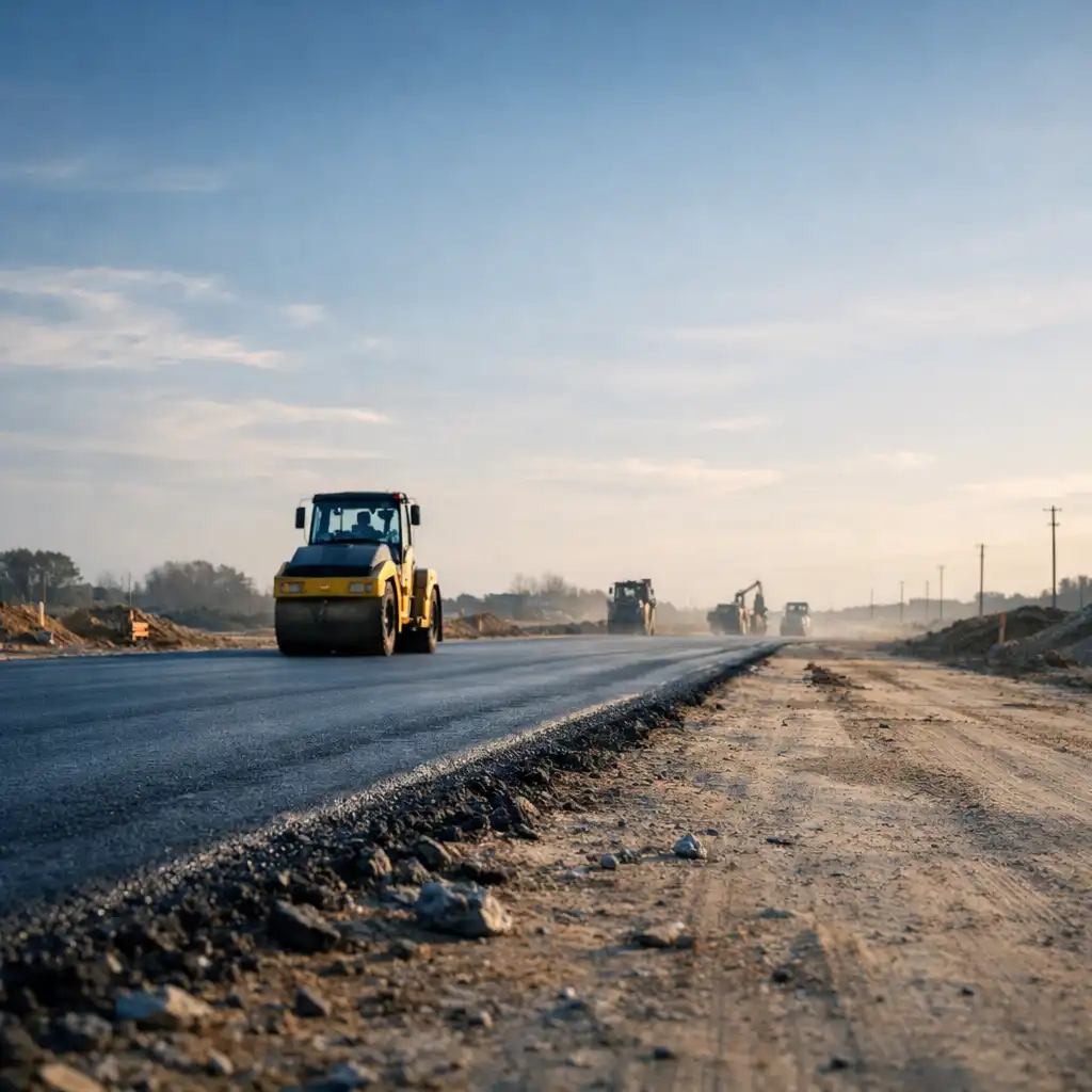 A partially built road corridor with a road roller in the middle distance.