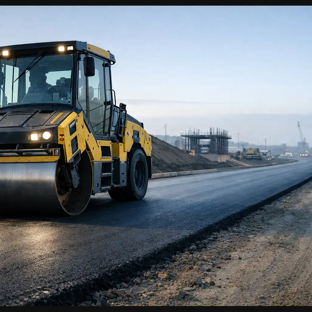Editorial in-game-context view of a road roller on a prepared roadway section
