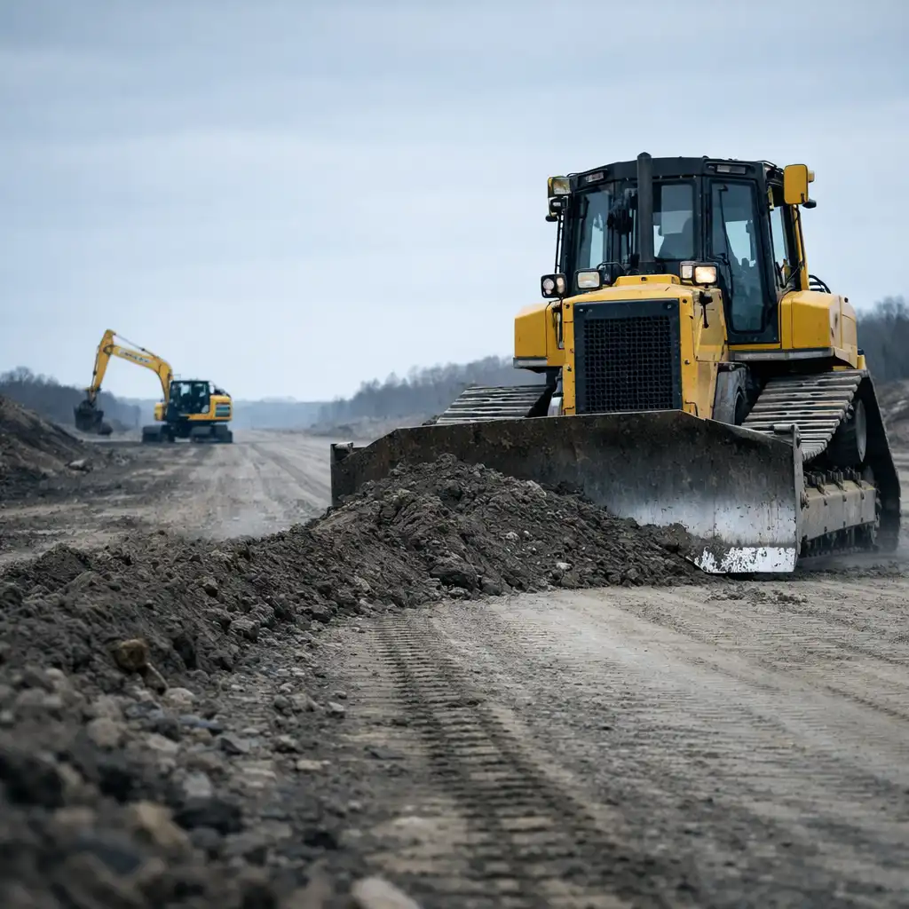 A bulldozer shaping an unfinished road with an excavator in the distance.